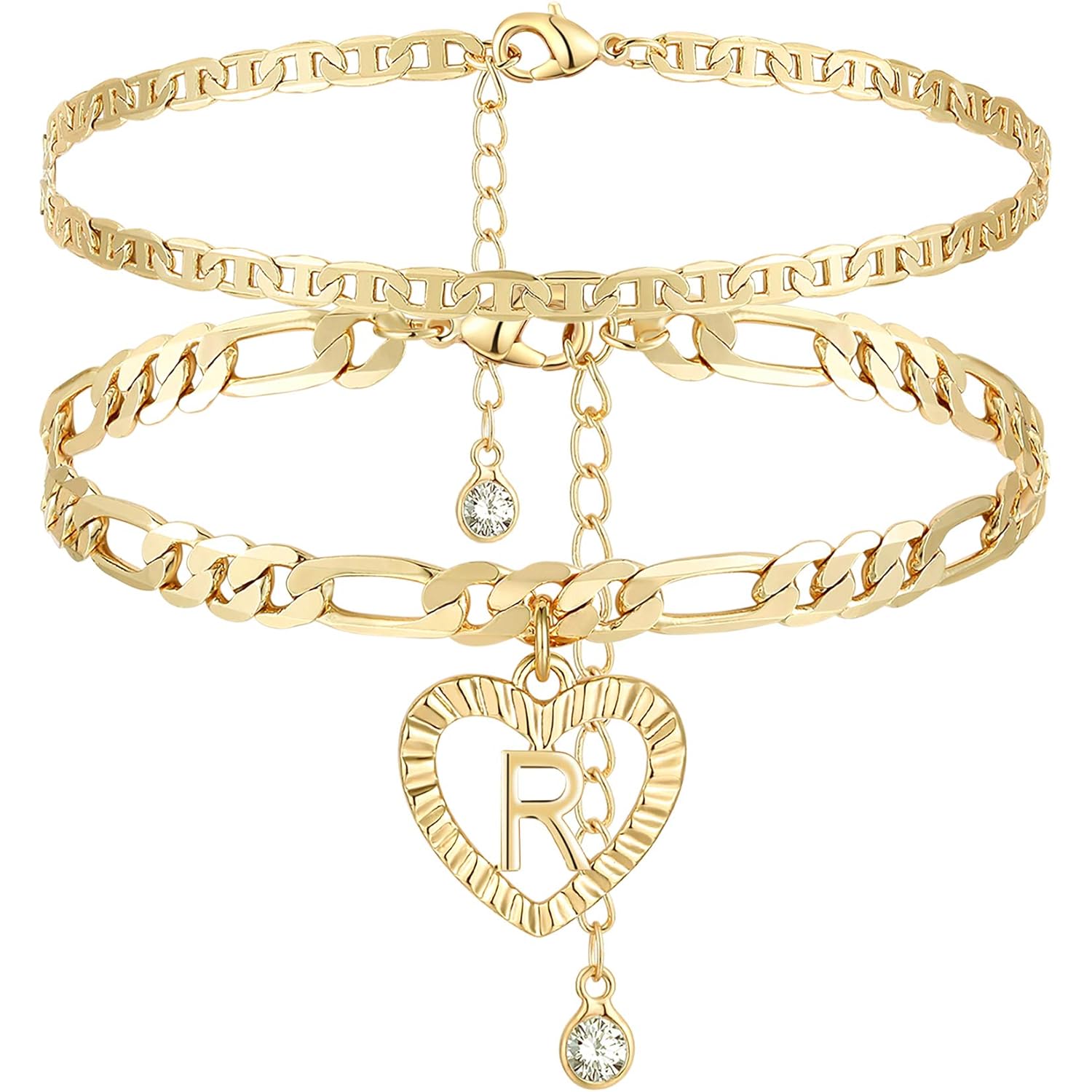 YANODA Initial Ankle Bracelets for Women 14K Gold Plated Layered Figaro Chain Letter Initial Anklets Handmade Layered Heart Ankle Bracelets Personalized Jewelry for Women