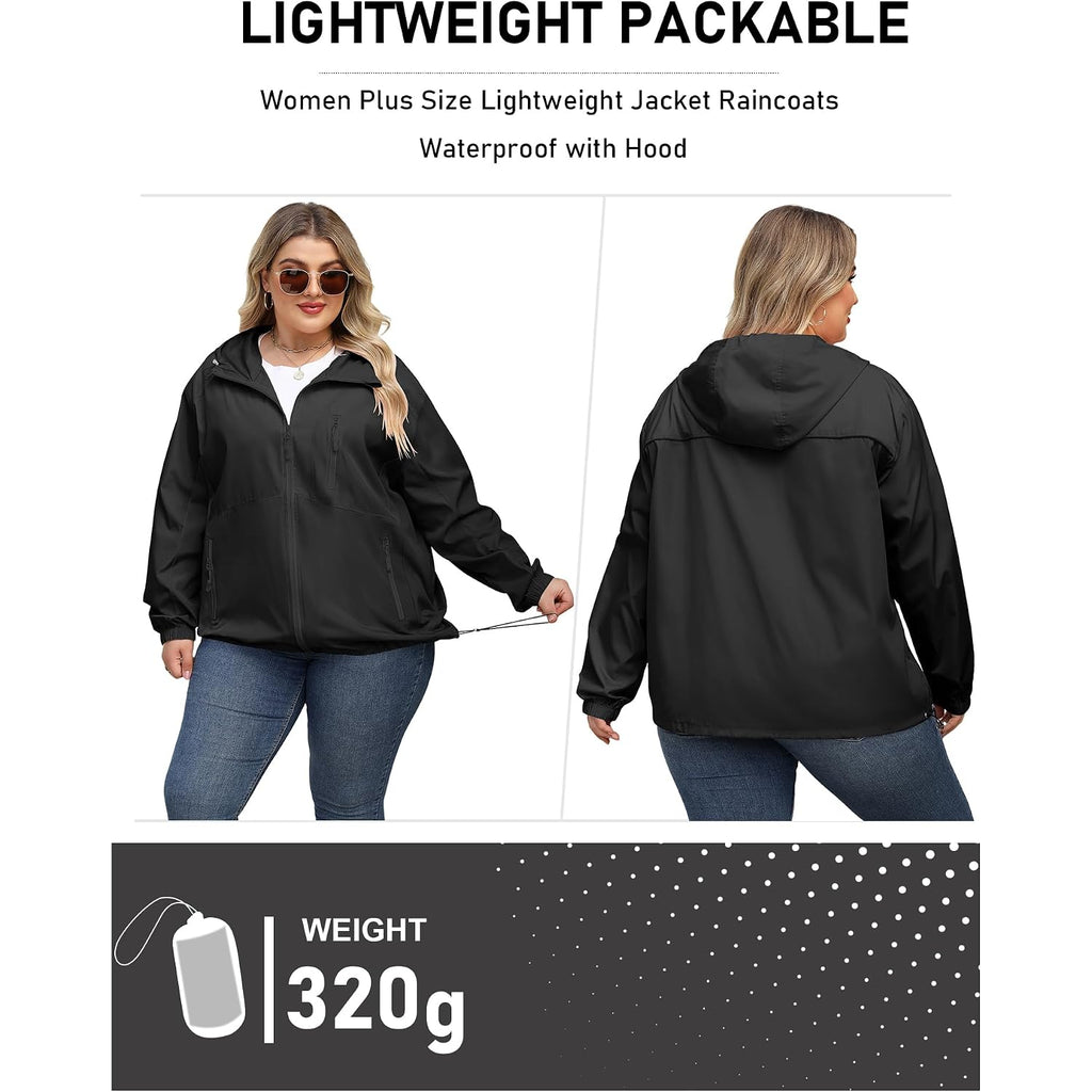 Plus Size Womens Rain Jacket With Hood Waterproof Raincoats Lightweight Packable Outdoor Trench Coat Xl-5Xl