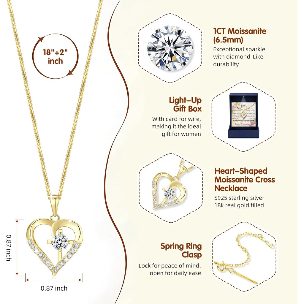 Moissanite Cross Necklace for Women in Light-Up Gift Box Heart Cross Jewelry 1CT Pendant for Women Mothers Day Gifts for Wife Anniversary Birthday Gifts (S925 Sterling Silver/18K Real Gold Filled)