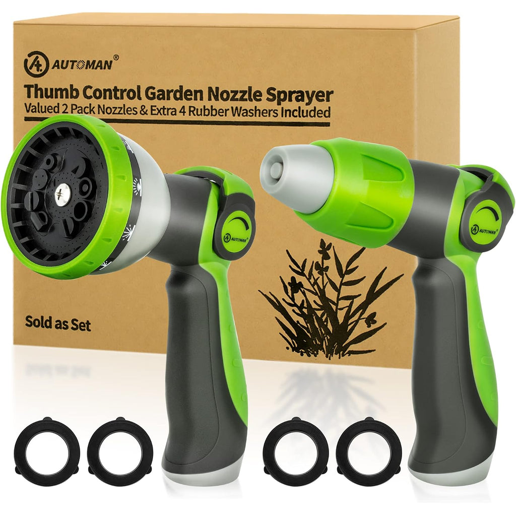 Automan Garden Hose Nozzle - 2 Pack, Thumb Control Sprayer, Slip-Resistant Water Nozzle, Extra 4 Washers, For Watering Plants Lawn & Garden, Cleaning, Washing Car, Showering Pets