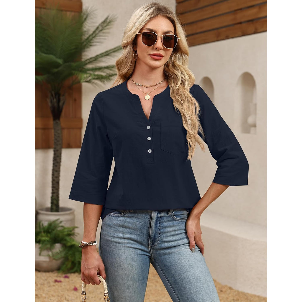 LOMON 3/4 Length Sleeve Womens Tops Cotton Linen Shirts V Neck Loose Fit Casual Blouses Early Fall Fashion Clothes
