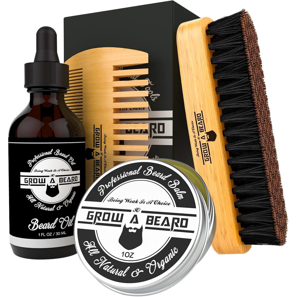 Beard Brush, Beard Comb, Beard Oil, & Beard Balm Grooming Kit for Men's Care, Travel Facial Hair Set for Growth, Styling, Shine & Softness, Great Gifts for Him, Fathers Day, Dad Gifts