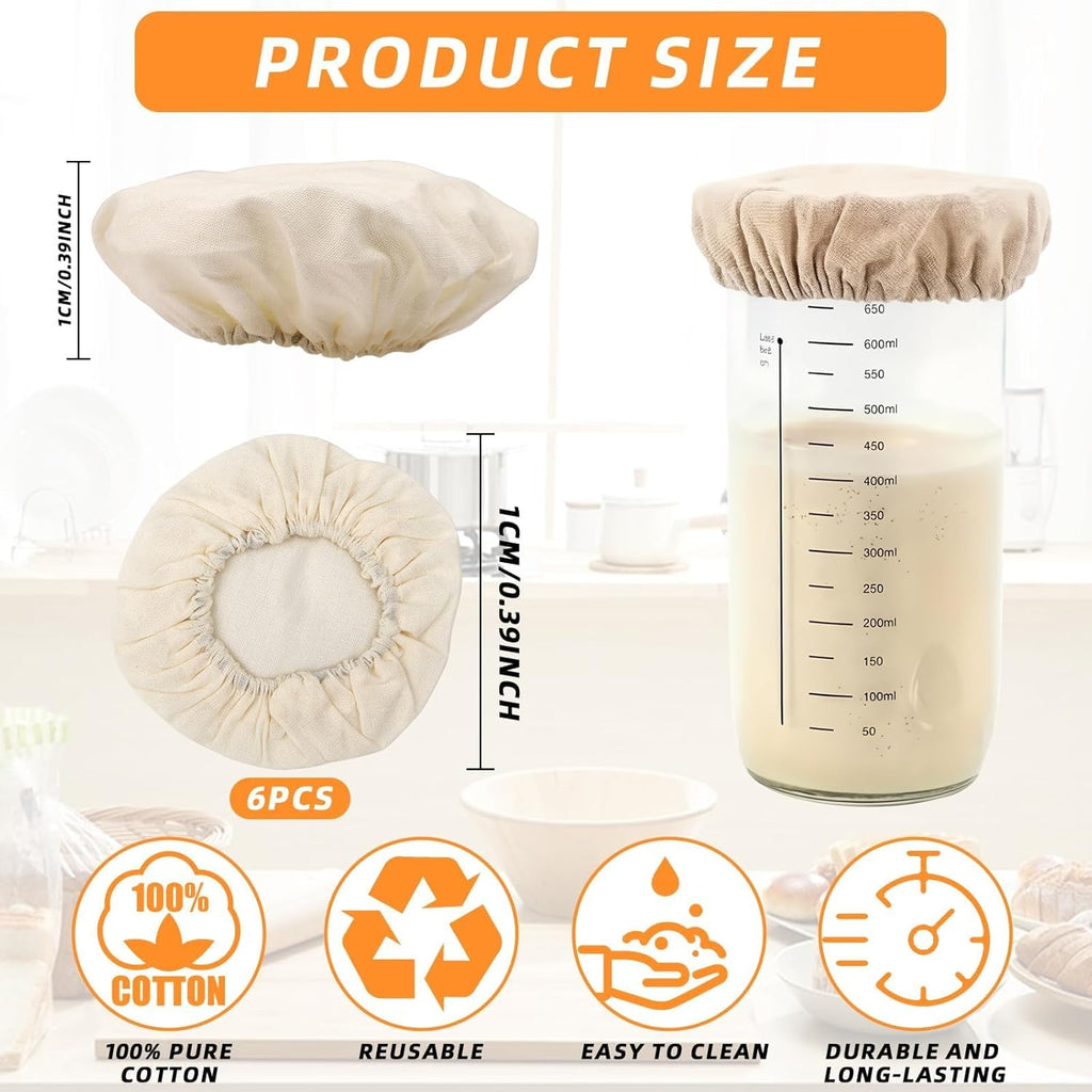 6 Pack Sourdough Starter Jar Covers Cloth - Reusable Linen Covers Cloth for Elastic Sourdough Starter Container, Unbleached Fabric Bread Fermentation Cover for Most 3-4 Inch Glass Mason-Jars