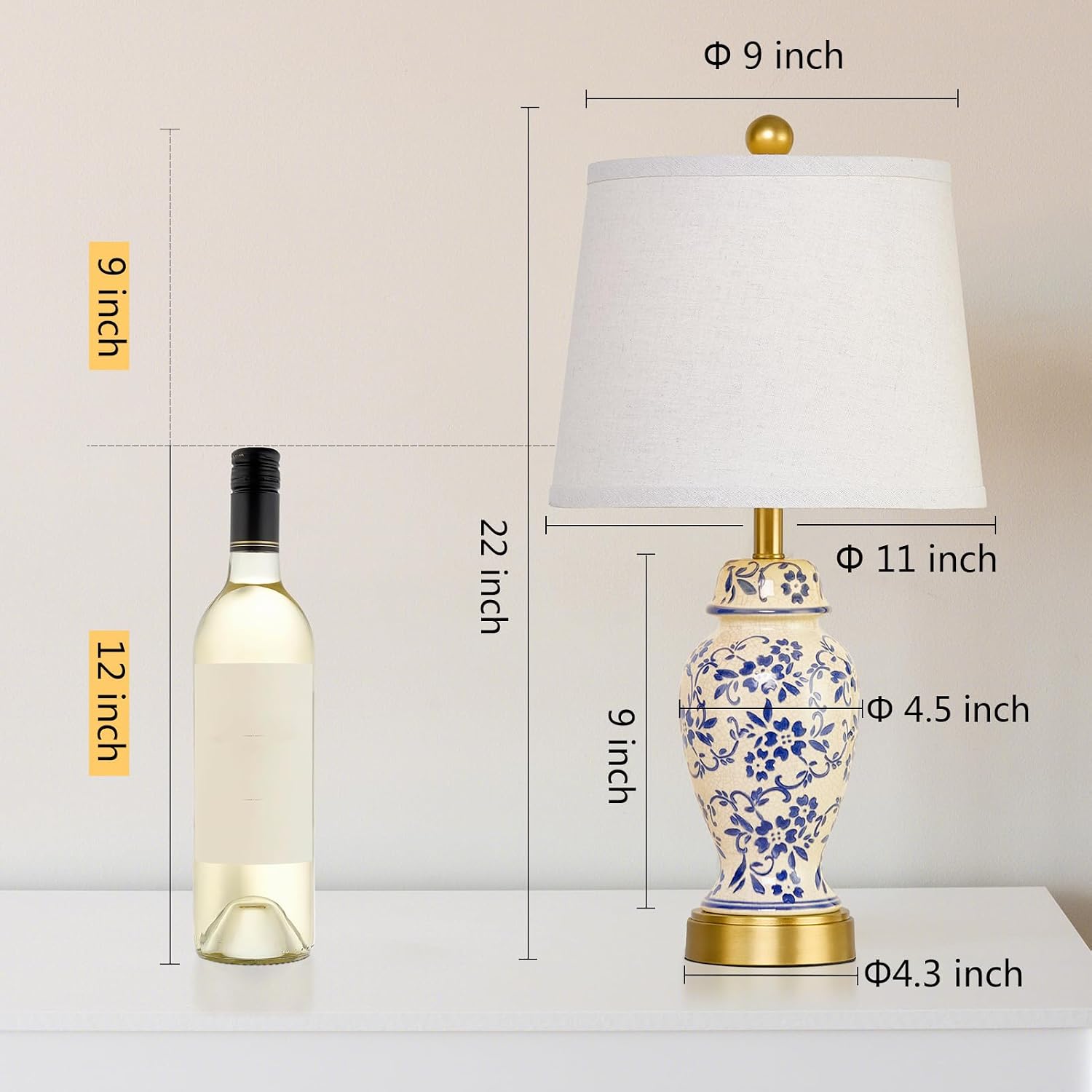 Chinoiserie Ceramic Table Lamps Set Of 2 For Living Room Bedroom Bedside, Traditional Blue Porcelain Classic Table Lamp For Nightstand Entryway, 2 Led Bulbs Included (Gold)