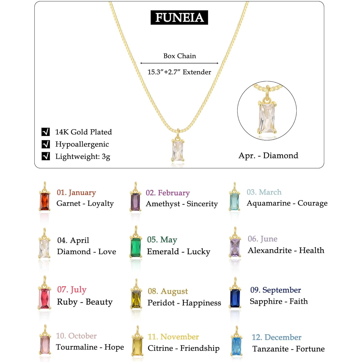 FUNEIA Diamond Necklaces for Women 14K Gold Plated Emerald Birthstone Necklace for Women Mothers Dainty Gold Necklace Blue Green Cubic Zirconia Pendant Necklace Birthday Gifts for Women Jewelry