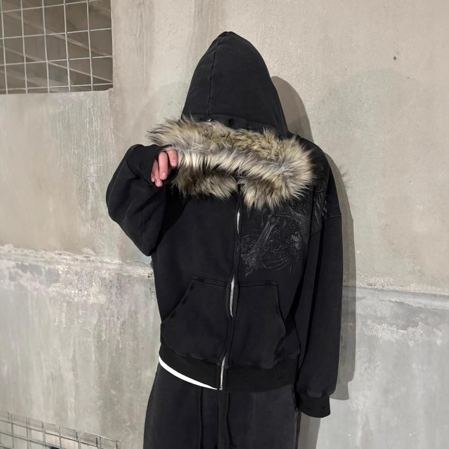 Richtrue Therian Fur Hood Jacket Y2K Goth Zip Up Hoodie Oversized Graphic Sweatshirt Emo Grunge Streetwear Fall Winter 2025