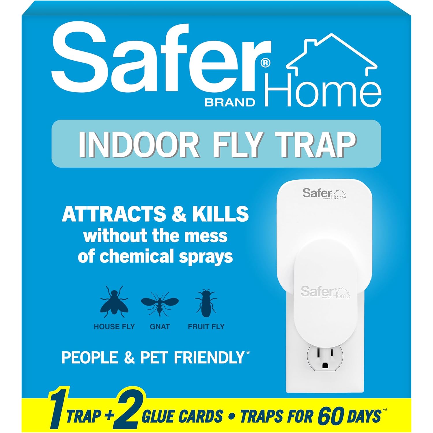 Safer Home Flying Insect Trap, Plug-In Fruit Fly Trap For Indoors, 1-Pack | Flying Insect, Moth, & Gnat Trap, Fruit Fly Killer, Fly Catcher, 24/7 Catch, Chemical-Free, 1 Trap + 2 Glue Cards, Sh502