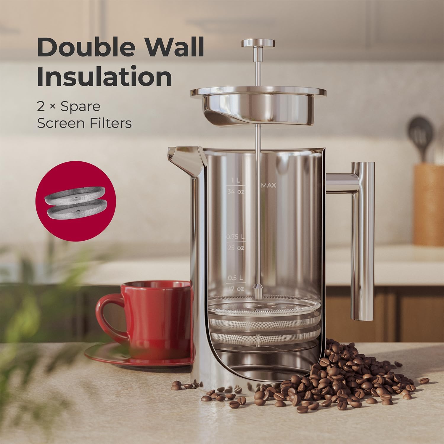 Muellerliving French Press Coffee Maker 34Oz, Stainless Steel French Press Coffee, 4 Filter Heat Resistant Double Insulated, Rust-Free, Food Grade, Dishwasher Safe Coffee Pot