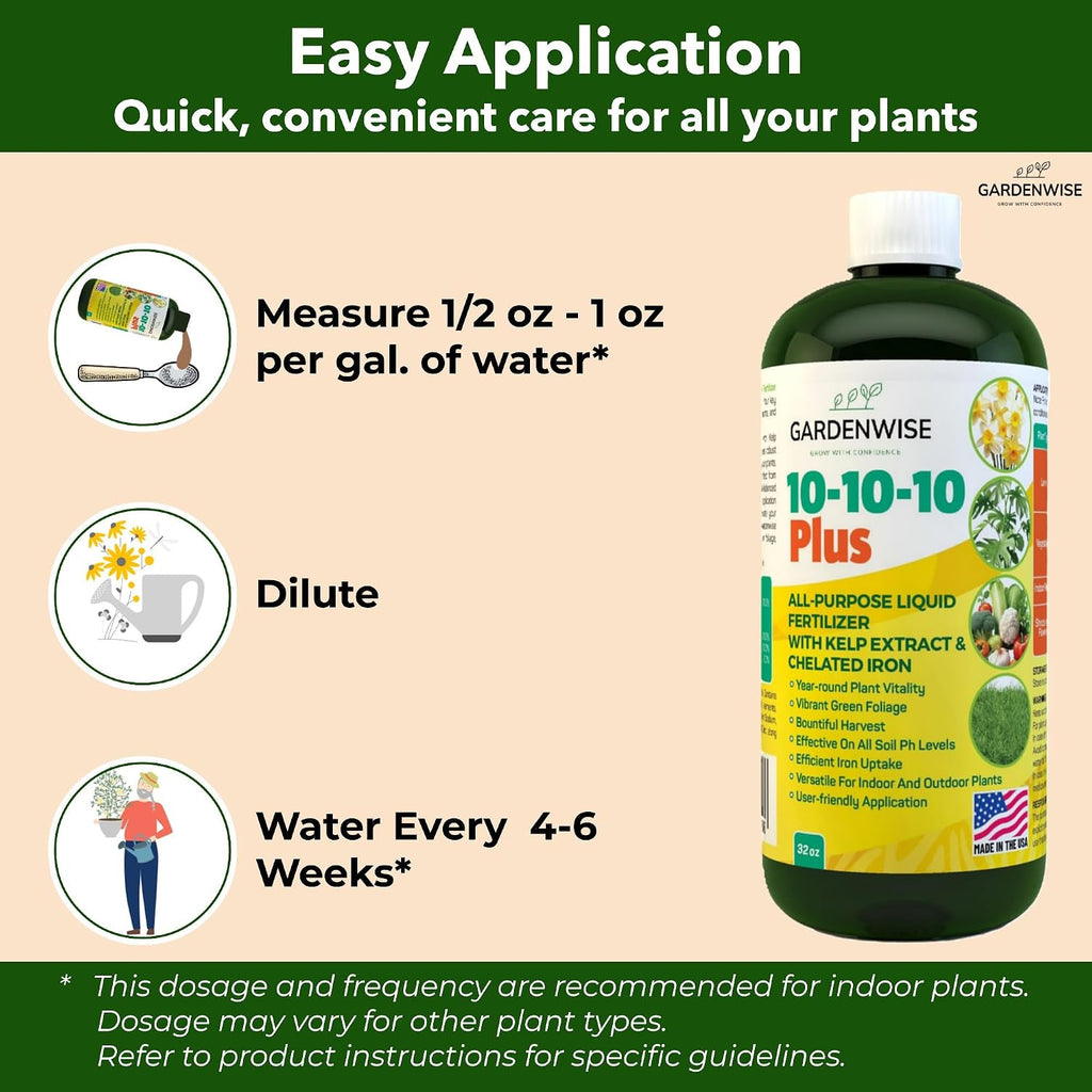Gardenwise 10-10-10 All Purpose Plant Food - Liquid Fertilizer With Seaweed Kelp & Iron - Indoor & Outdoor Plant Food, Vegetables, Flowers, Lawn & Garden 1X8Oz
