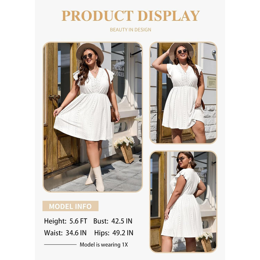 Eytino Plus Size Dresses For Women Summer Ruffle Cap Sleeve Lace V Neck Embroidery Eyelet A Line Dress(1X-5X)