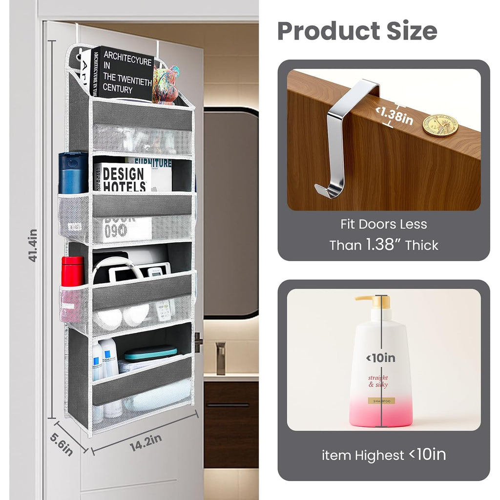 Over The Door Organizer With Lifetimewarranty, 4 Shelves & 4 Side Pockets, Large Storage Rack Holds 44Lb, Heavy-Duty Reinforced Mesh Shelf For Bathroom, Closet, Toy Organization, Shoes, Towels, Grey