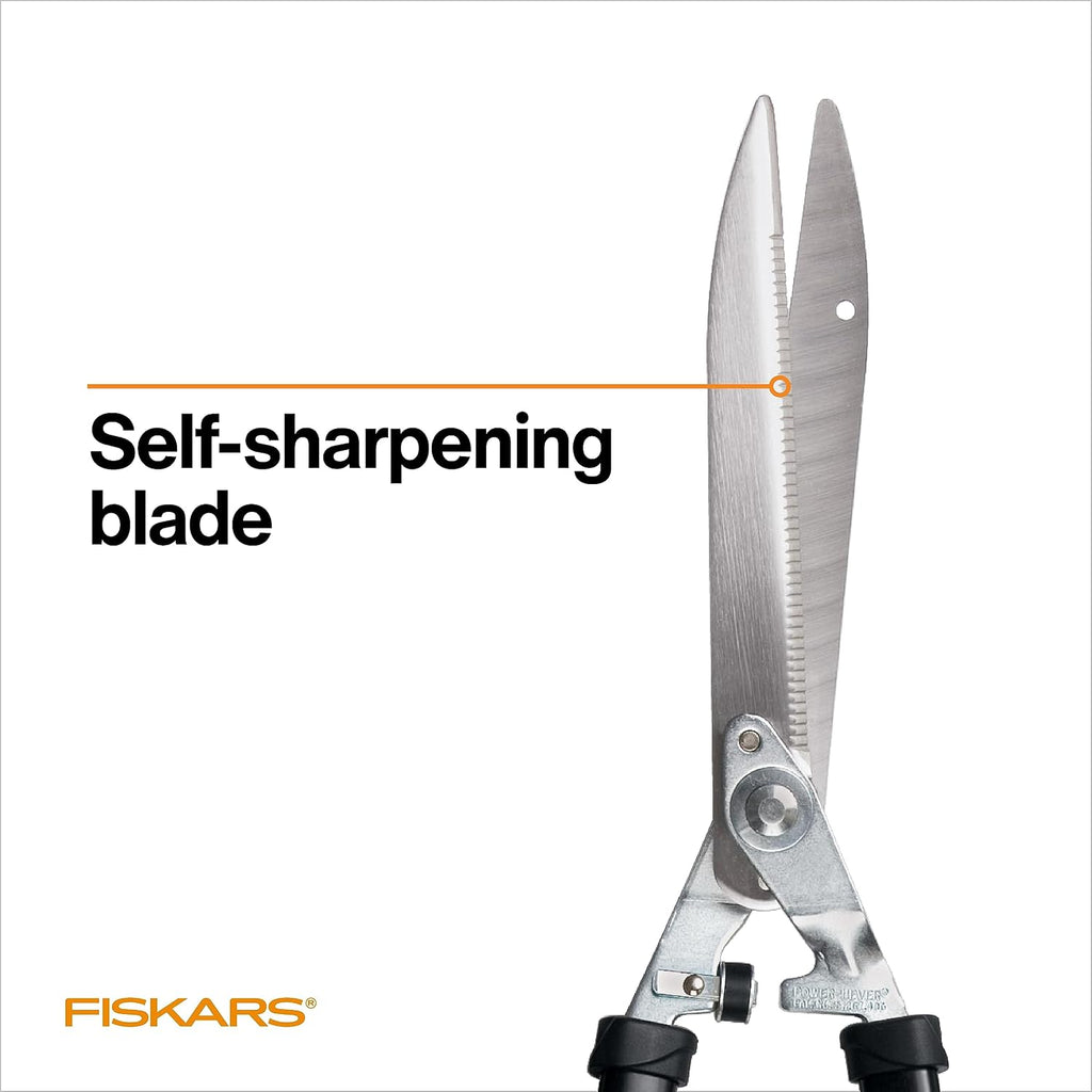 Fiskars Power-Lever Extendable Hedge Shears, Self-Sharpening Serrated Steel Blades For Clean Cuts, Handles Adjust 25"-33" For High Reach, Multiplies Leverage For 2X Power, 10" Blades, Orange/Black