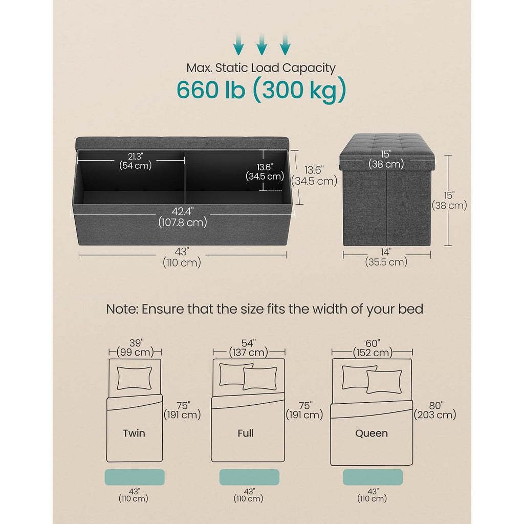 Songmics Mazie Collection - 43 Inches Folding Storage Ottoman Bench, Ottoman Foot Rest, End Of Bed Bench, Storage Chest, Load 660 Lb, For Living Room, Bedroom, Entryway, Dark Gray Ulsf77K