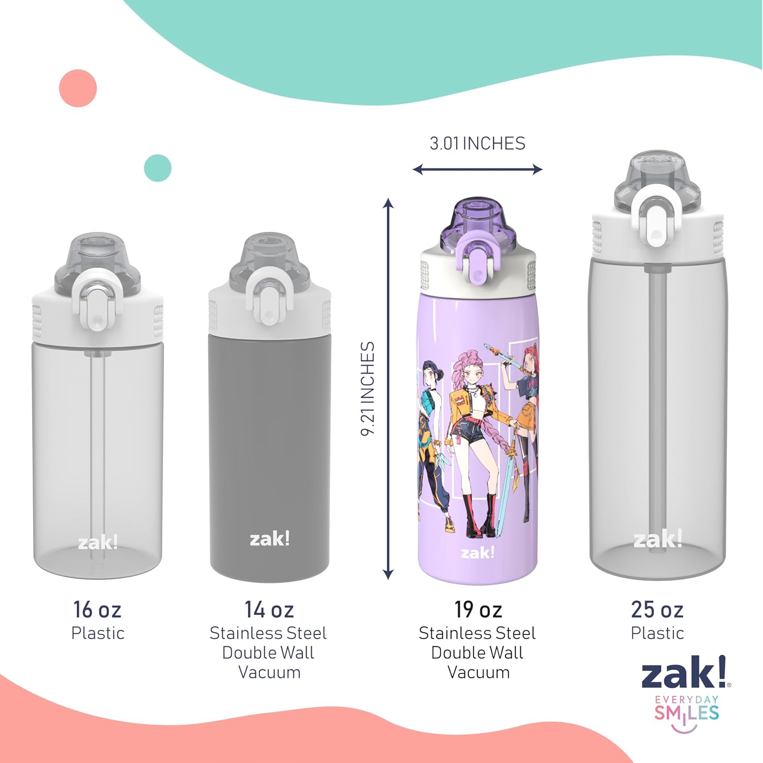 Zak Designs Kpop Demon Hunters Sage Kids Water Bottle For School Or Travel, 19Oz Stainless Steel Water Bottle With Straw, Handle, And Leak-Proof, Pop-Up Spout Cover (Rumi, Mira, Zoey)