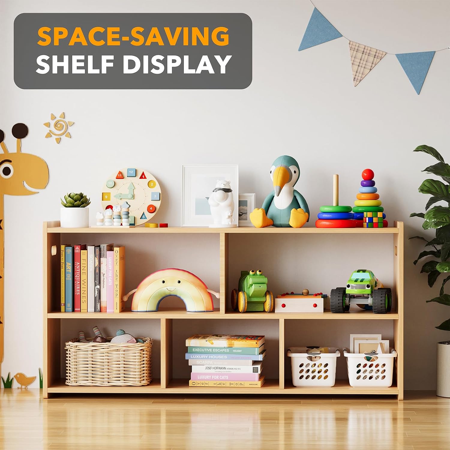 Spaceaid 5-Compartment Bookshelf, Montessori Bookcase For Toddlers, Wooden Book Shelf Organizer Storage Furniture For Kids Rooms, Playroom, Nursery And Classroom, 44.5“ Wide, Natural