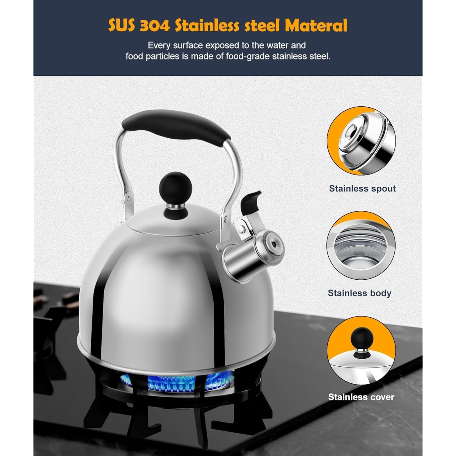 Tea Kettle, 2 Quart Stainless Steel Whistling Tea Kettle, Stovetop Whistling Teakettle Tea Pots for Stove Top with Ergonomic Folding Handle, Small Teapot, Water boiler for Tea, Coffee (Silver)