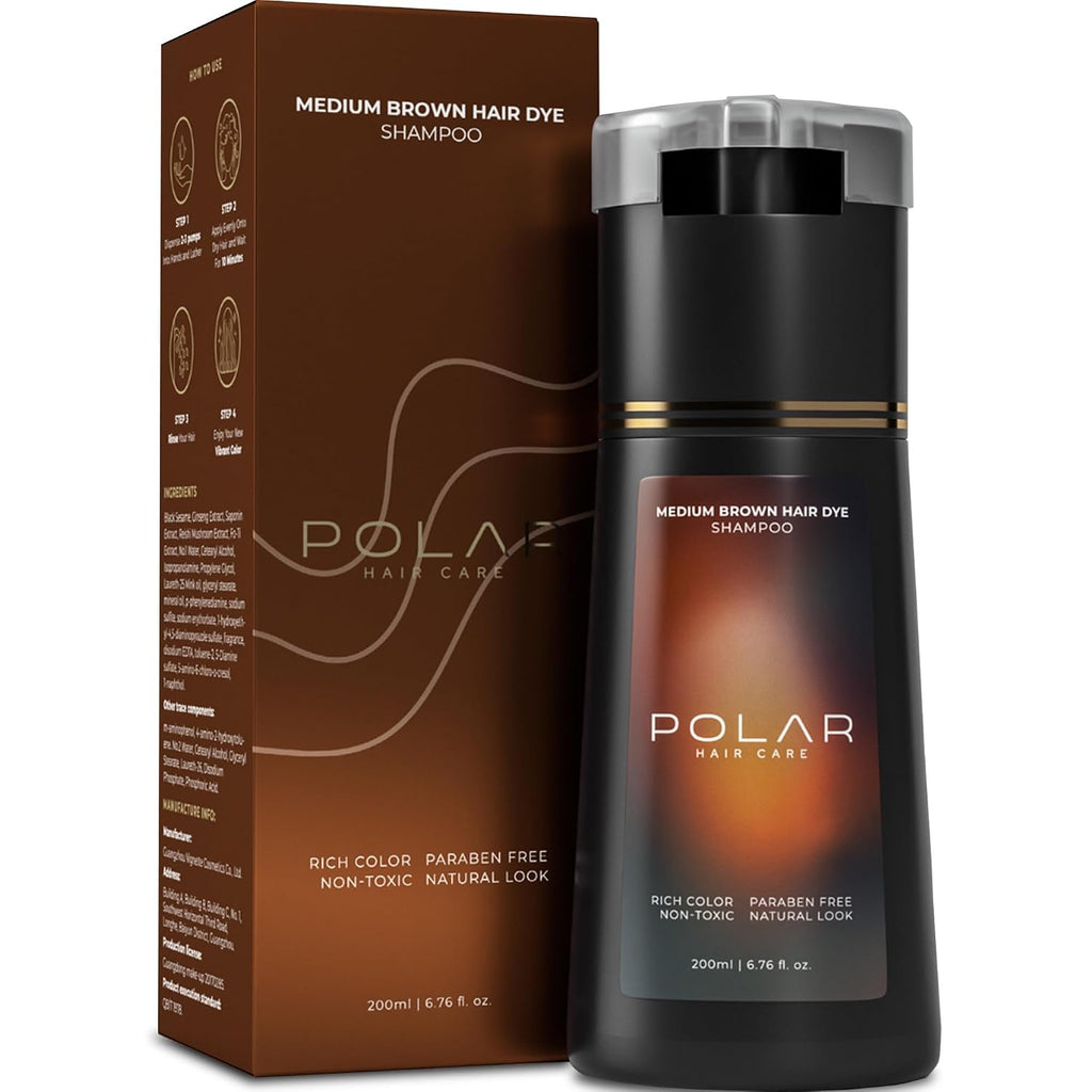 Polar Haircare Medium Brown Shampoo Hair Dye For Women & Men 6.76 Fl Oz | Semi Permanent Color Cleanser, Gray Coverage, Vegan Instant Tint Formula, 6.76 Fl Oz, Easy Home Use