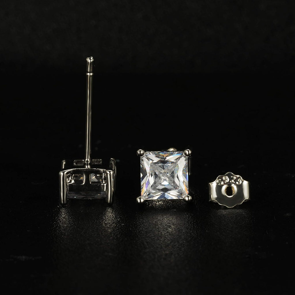 925 Sterling Silver Stud Earrings, 4 Pairs Square Cubic Zirconia Stud Earrings Set for Women Men 3 4 5 6mm