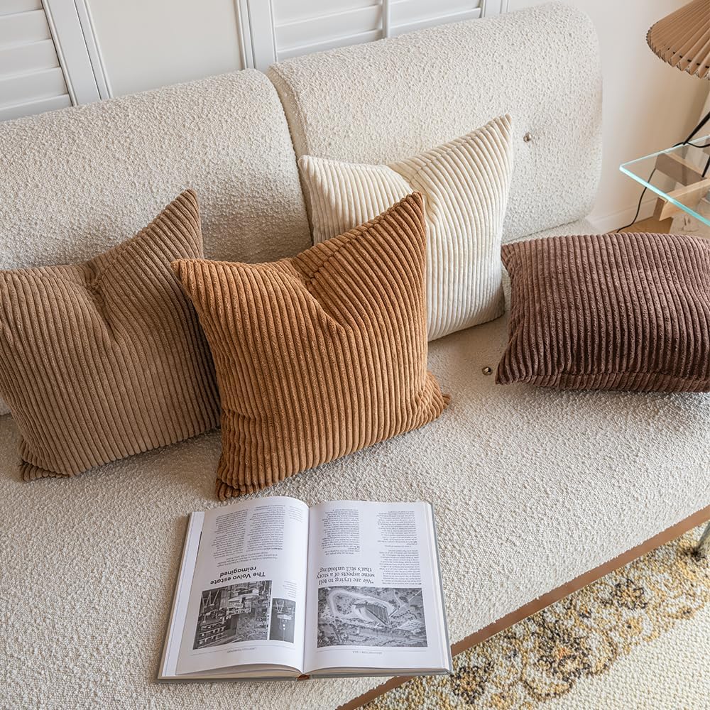 LANANAS Neutral Couch Throw Pillow Covers 18x18 Inch Set of 4 Decorative Farmhouse Boho Throw Pillows for Living Room, Couch, Bed, Sofa Soft Corduroy Accent Home Decor (Neutral Brown, 18x18 Inch)