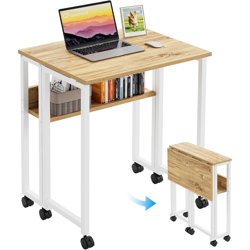 Greenforest Folding Desk With Wheels, 24.8" Rolling Table For Small Spaces | Storage Shelf, Lockable Casters, Compact Portable Workstation, Space-Saving Foldable Sofa Table, Home Office, Mobile, Oak