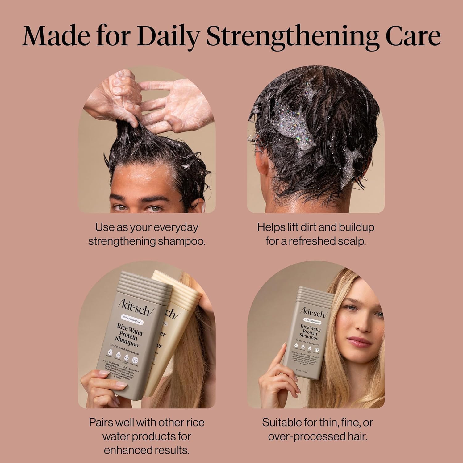 Kitsch Strengthening Rice Water Protein Shampoo for Women & Men – Hair Growth Shampoo & Volumizing Hair Care for Thin, Fine & Damaged Hair – Paraben, Phthalates & Silicone Free – Made in USA – 12.3 oz