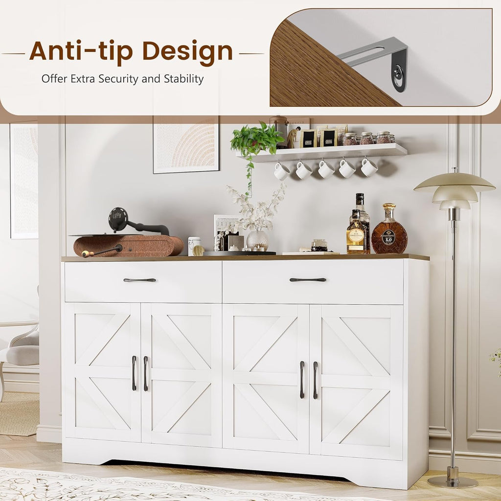 Sideboard Buffet Cabinet With Storage, 55.1" Large Kitchen Storage Sideboard With Drawers & Doors, Modern Wood Farmhouse Coffee Bar Cabinet, Buffet Table For Kitchen, Living Room, White, 55.1Inch