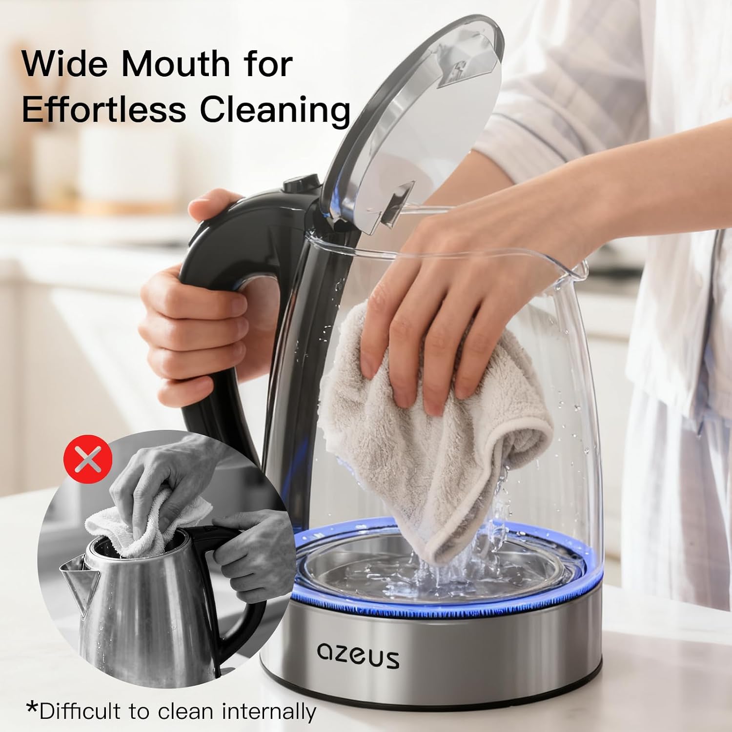 Azeus Electric Kettle 1800W Cool Touch Tea Kettle Anti-Scalding Design 1.8L Large Capacity Kettle Bpa-Free, White