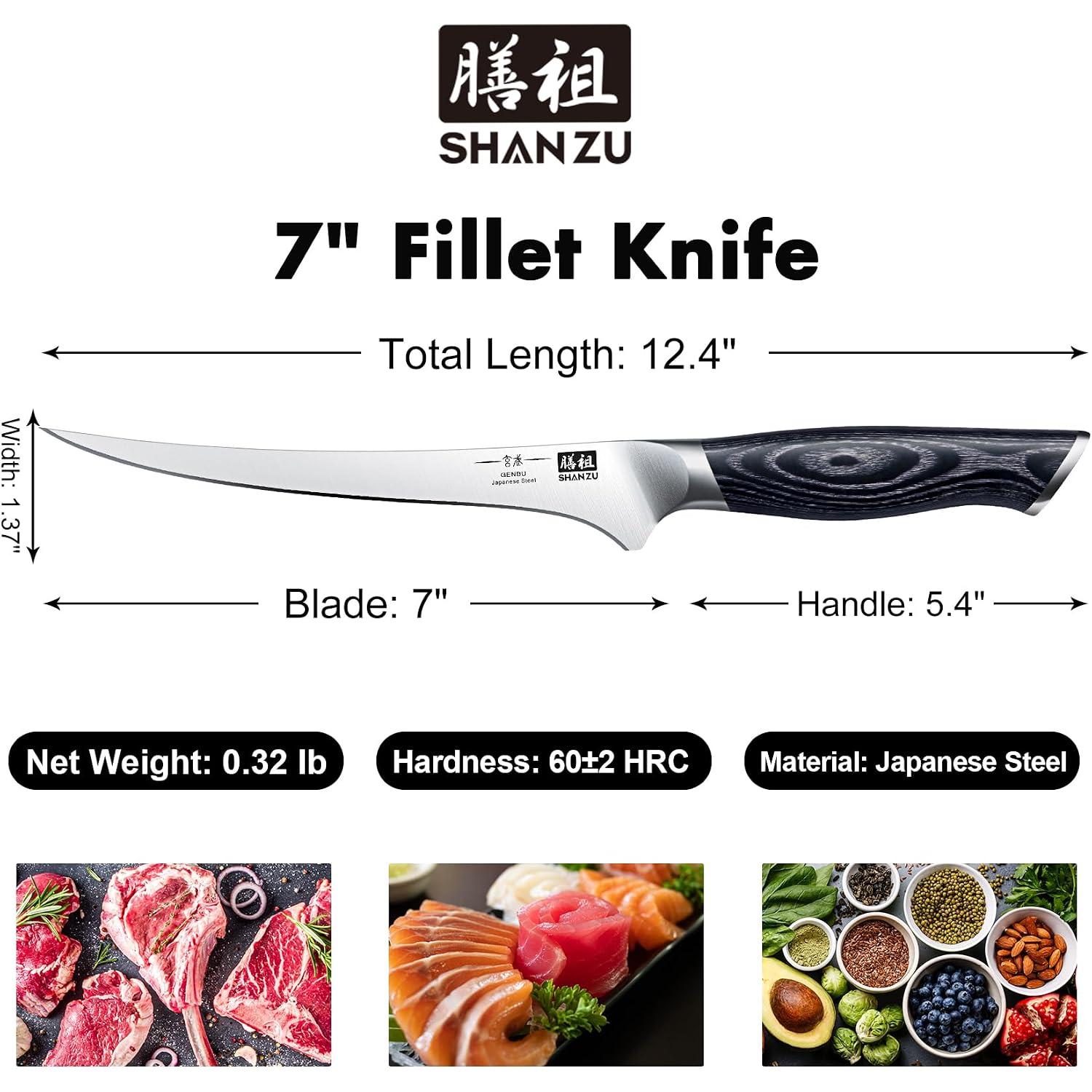 Shan Zu 7 Inch Fillet Knife, Japanese Super Steel Boning Knife, Professional Ultra Sharp Fish Knife With K133 Ergonomic Handle, Black Tortoise Genbu Series