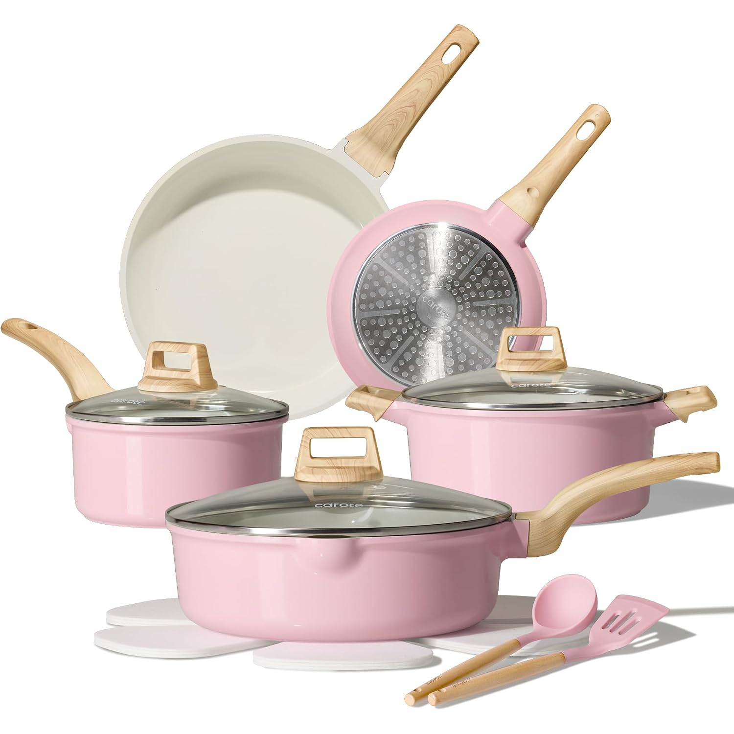 Carote Ceramic Cookware Set, 14 Pcs Pots And Pans Set Non Stick, Pot And Pan Set With Frying Pan, Induction Ready Cooking Set For Kitchen, Pfos/Pfoa/Pfas Free, Pink