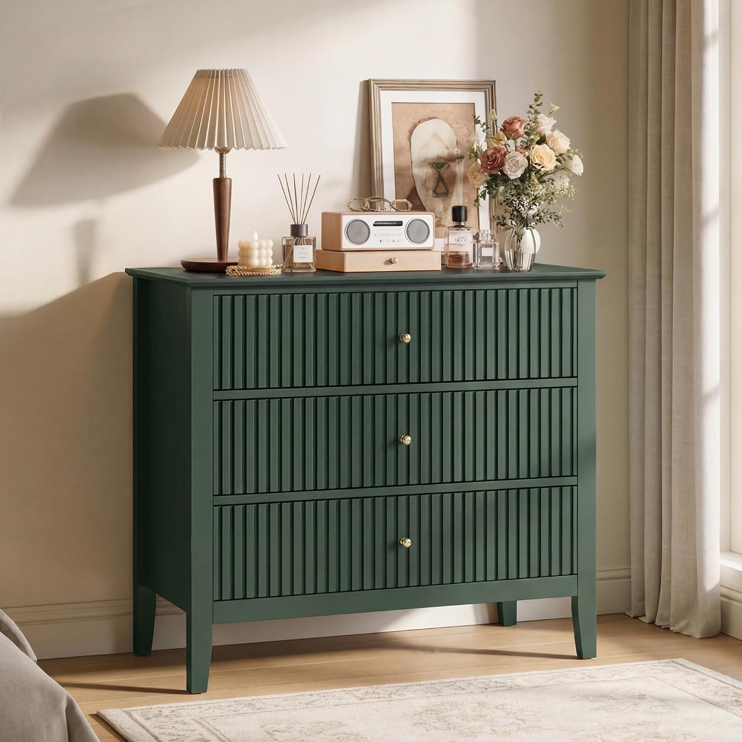 Royalcraft Fluted 3 Drawer Dresser, 32 Inch Wide Dresser Nightstand For Bedroom, Modern Wood Chest Of Drawers, Large Painted Nightstand With 3 Drawers For Closet, Hallway, Entryway, Dark Green
