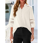 Btfbm Summer Tops For Women 2026 Eyelet Top 3/4 Length Sleeve Dressy Casual Blouses Spring Boho Button Down Shirts