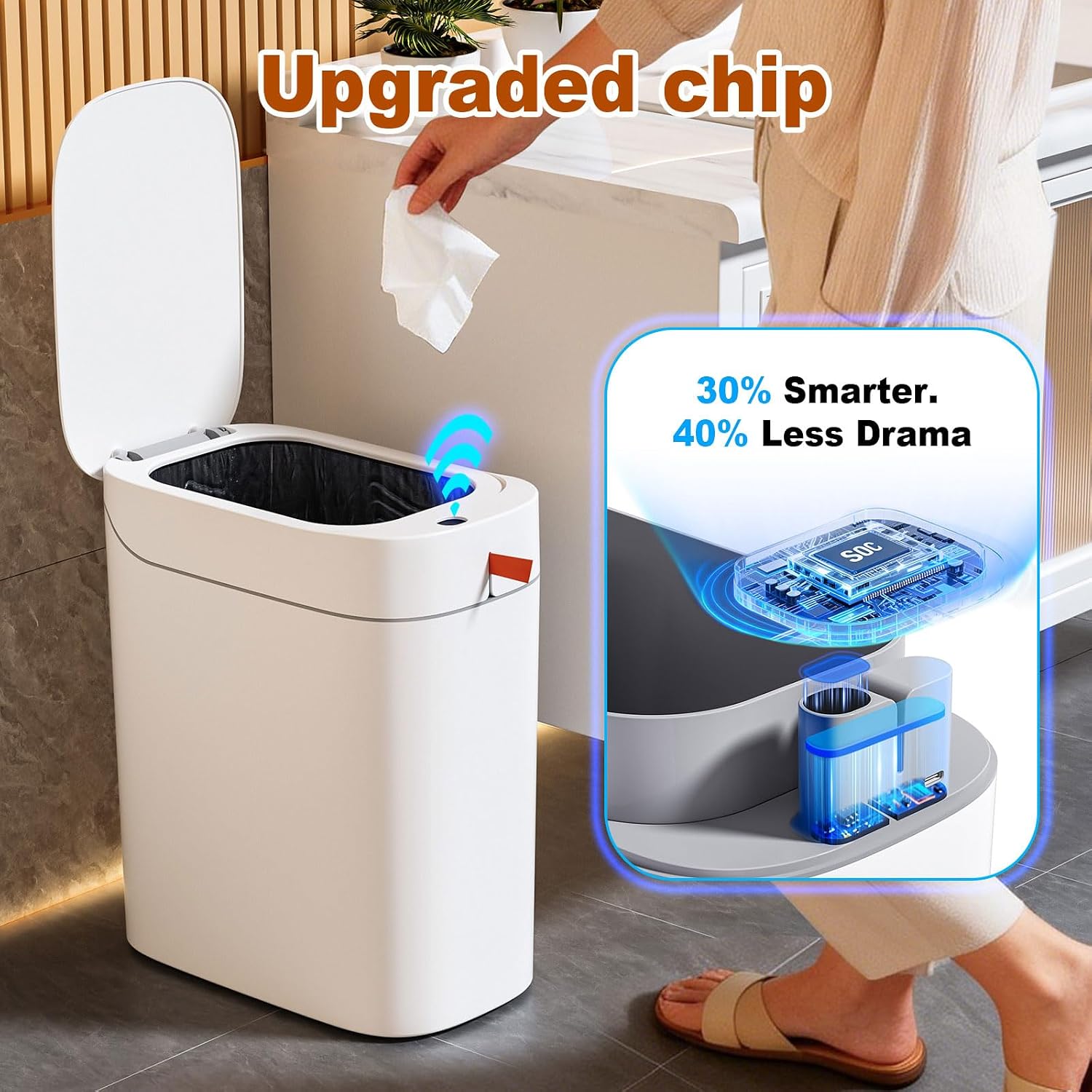 Bathroom Trash Can With Lid, Automatic Motion Sensor Trash Can, 3.5 Gallon Garbage Can, Type-C Rechargeable, Bag-Holding Design, One-Pull Auto Packing, Quiet-Close Hinge For Bedroom, Office