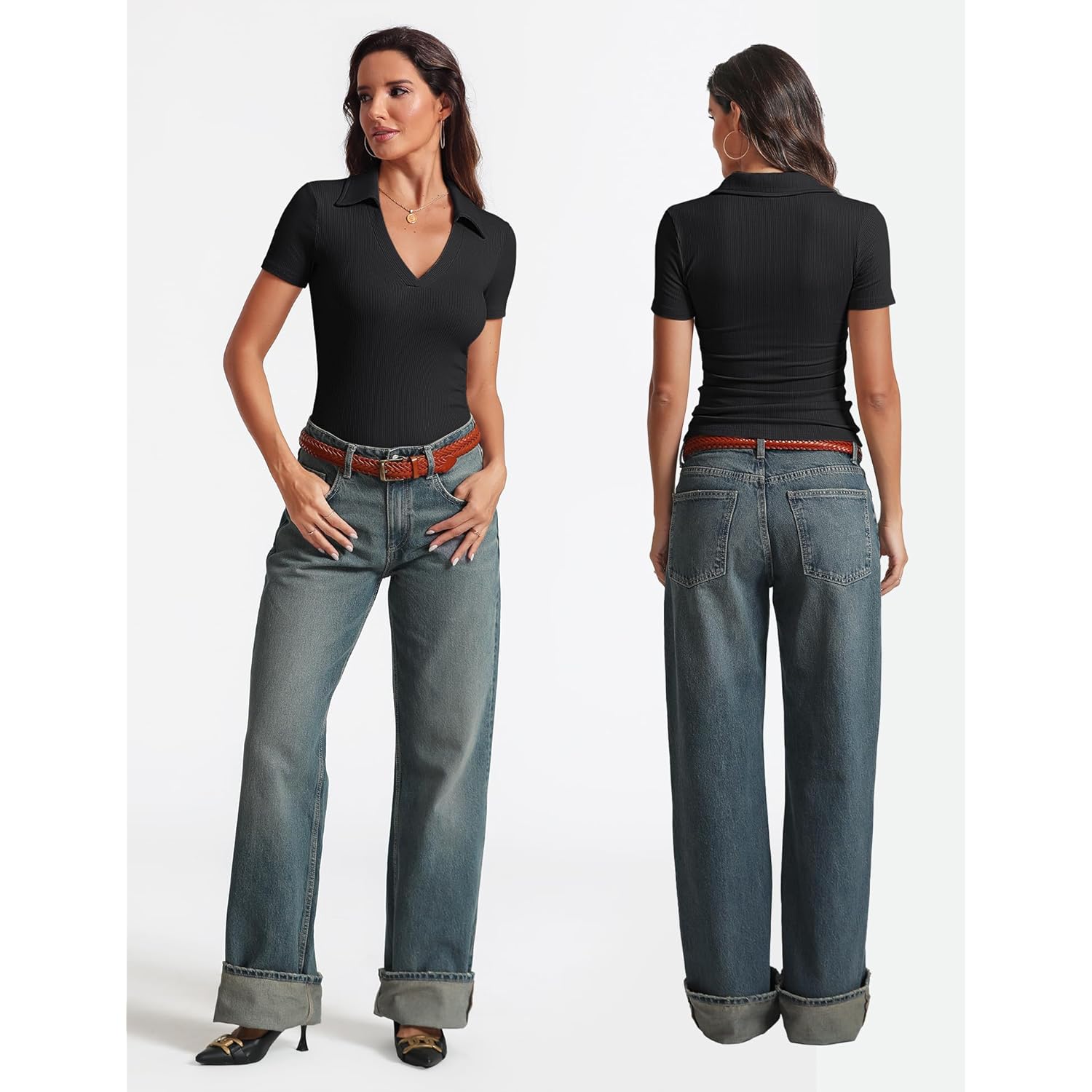 Womens Short Sleeve Work Shirts Summer V Neck Business Casual Polo Tops 2026 Fitted Basic Office Blouses