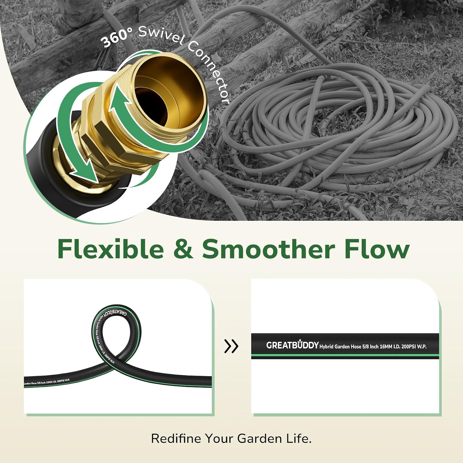100 Ft Garden Hose, Flexible Rubber Water Hose 5/8", Heavy Duty, Lightweight Hose, Burst 600 Psi With Solid Brass Male To Female Fittings, Leakproof Hose For Backyard, Garden