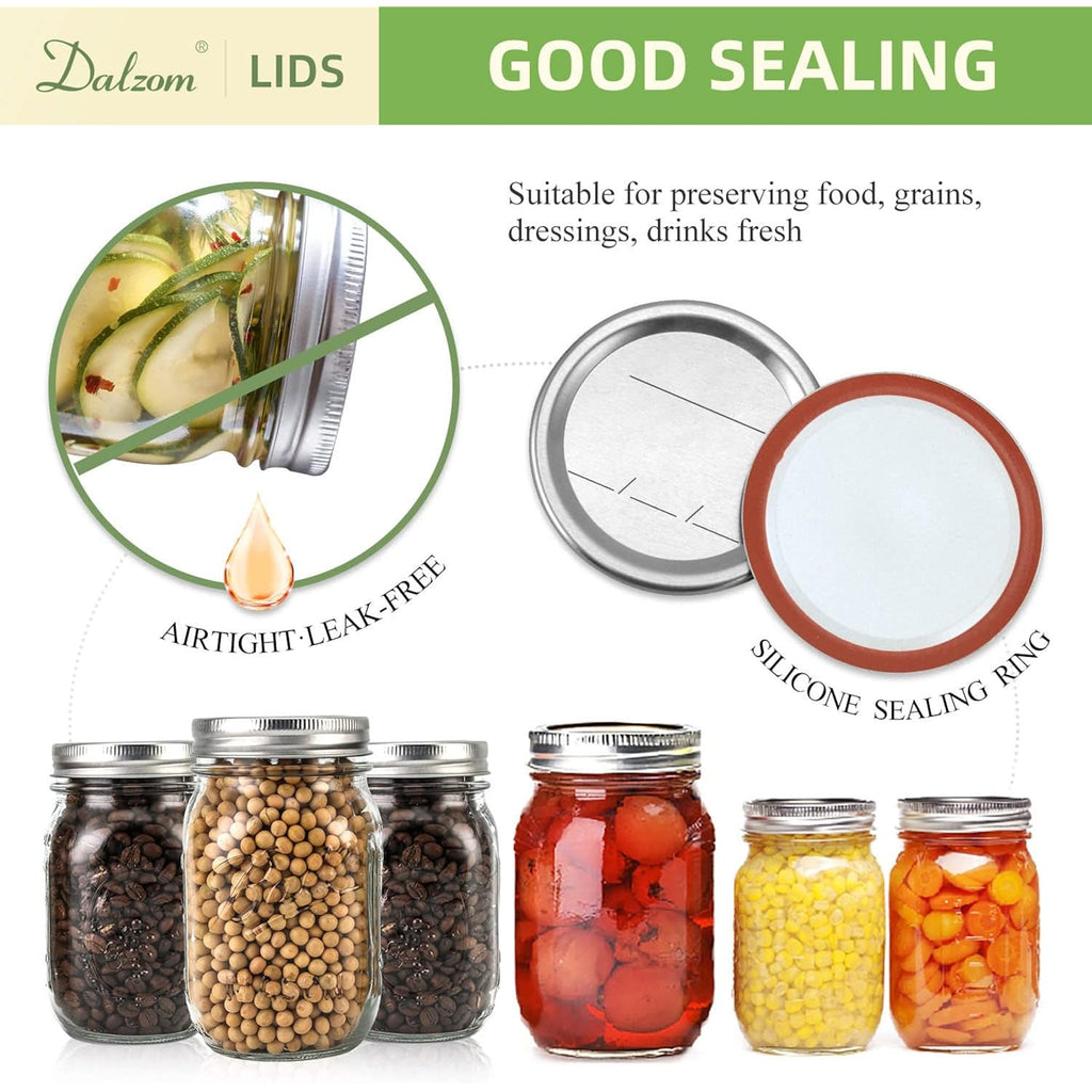 Dalzom® 24Pcs Canning Lids with 24Pcs Rings Regular Mouth, Premium Mason Jar Lids with Bands/Rings for Ball, Kerr Jars - Food Grade Material, 100% Fit & Airtight for Regular Mouth Mason Jars