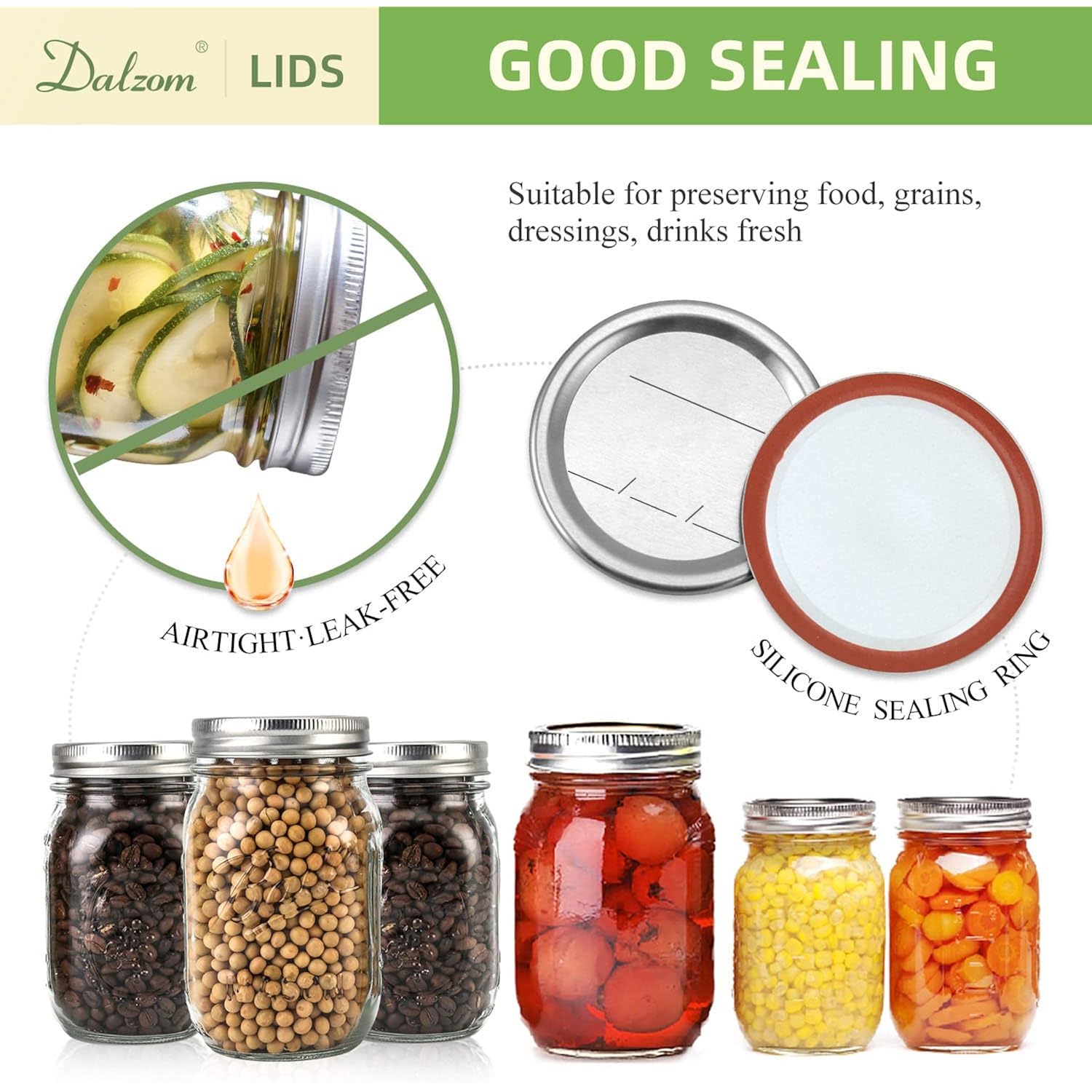 Dalzom® 24Pcs Canning Lids with 24Pcs Rings Regular Mouth, Premium Mason Jar Lids with Bands/Rings for Ball, Kerr Jars - Food Grade Material, 100% Fit & Airtight for Regular Mouth Mason Jars