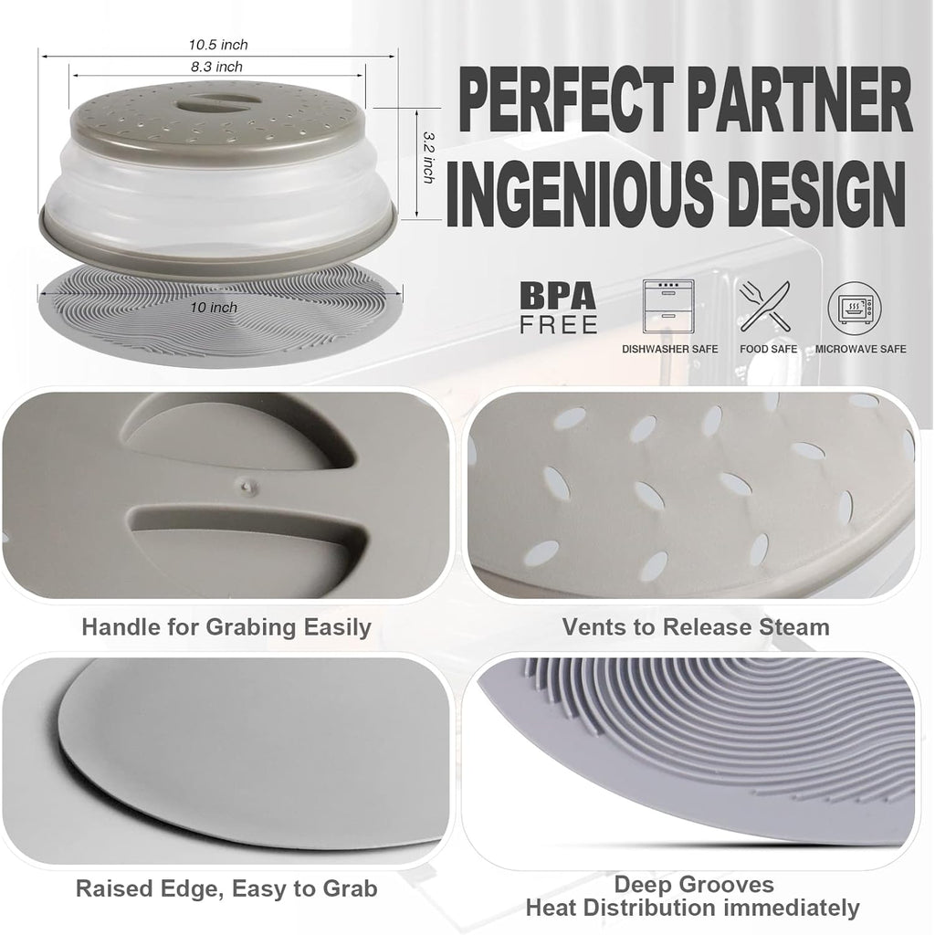 2 in 1, Aidacom Microwave Splatter Cover for Food & Silicone Microwave Mat, Mat as Bowl Holder, Trivet, Pot Holders, Drying, Baking, Utensils Rest for Kitchen Counter, Dishwasher Safe, Grey