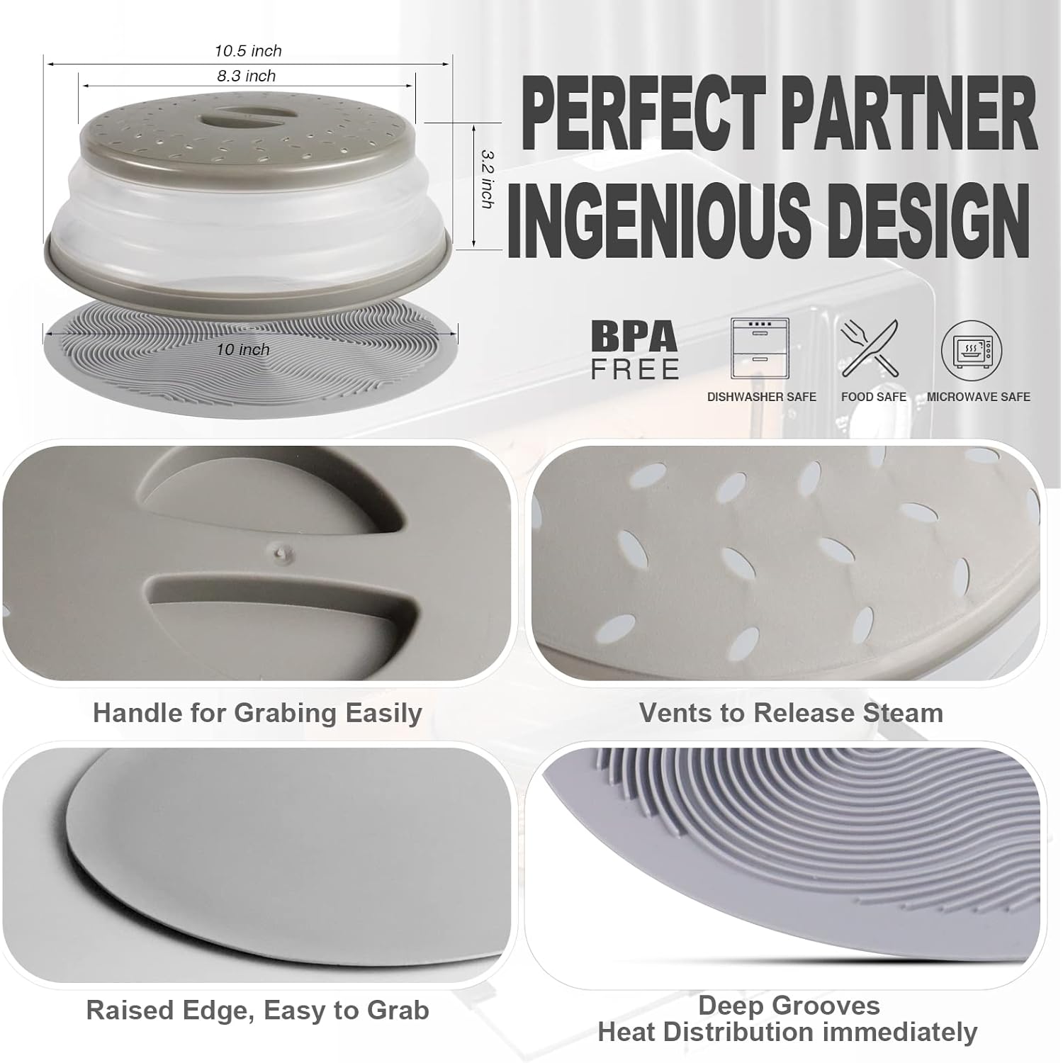 2 in 1, Aidacom Microwave Splatter Cover for Food & Silicone Microwave Mat, Mat as Bowl Holder, Trivet, Pot Holders, Drying, Baking, Utensils Rest for Kitchen Counter, Dishwasher Safe, Grey
