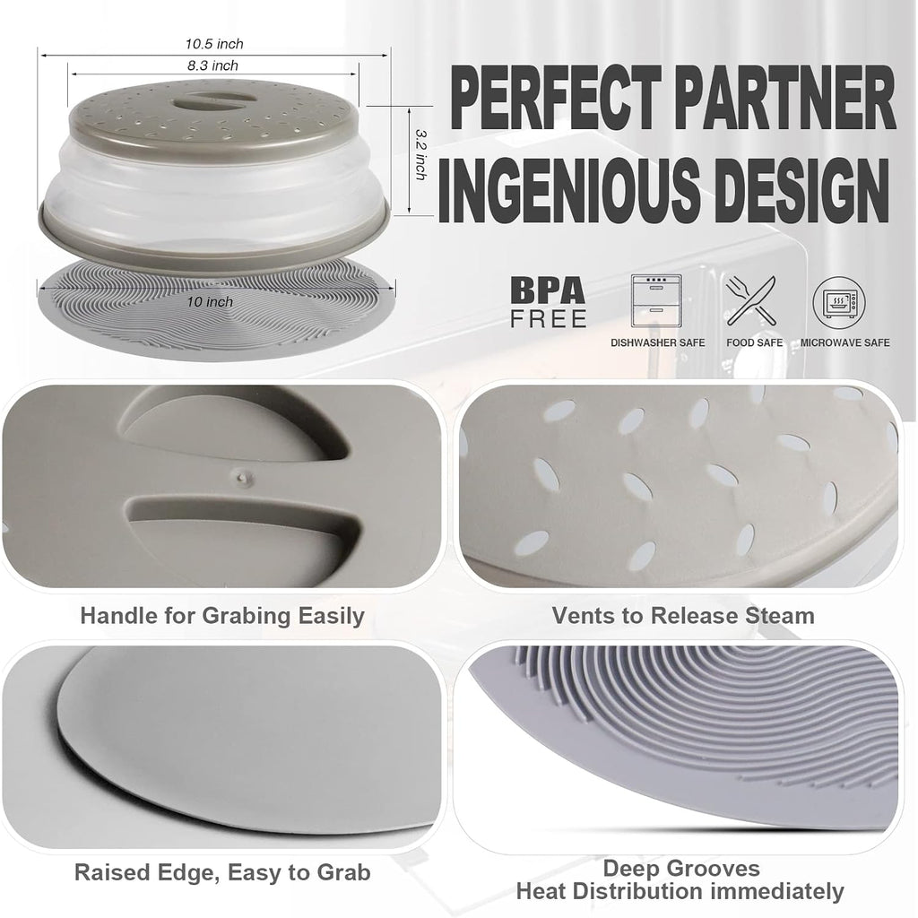 2 In 1, Aidacom Microwave Splatter Cover For Food & Silicone Microwave Mat, Mat As Bowl Holder, Trivet, Pot Holders, Drying, Baking, Utensils Rest For Kitchen Counter, Dishwasher Safe, Grey