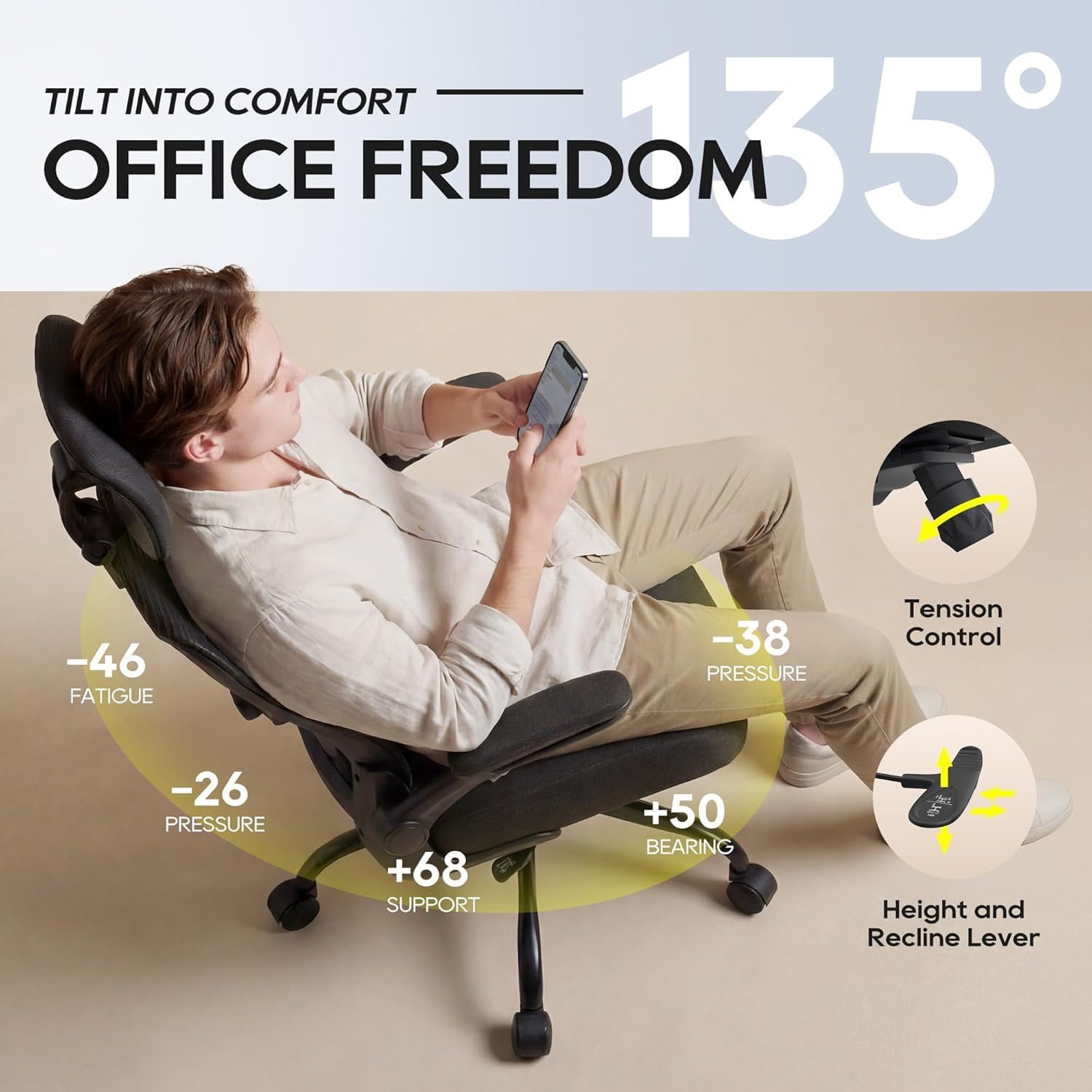 Ergonomic Office Chair For Long Hours, Adjustable Padded Lumbar Support For Lower Back Relief, 330 Lb Capacity, Comfortable Computer Desk Chair For Home Office, Work & Study