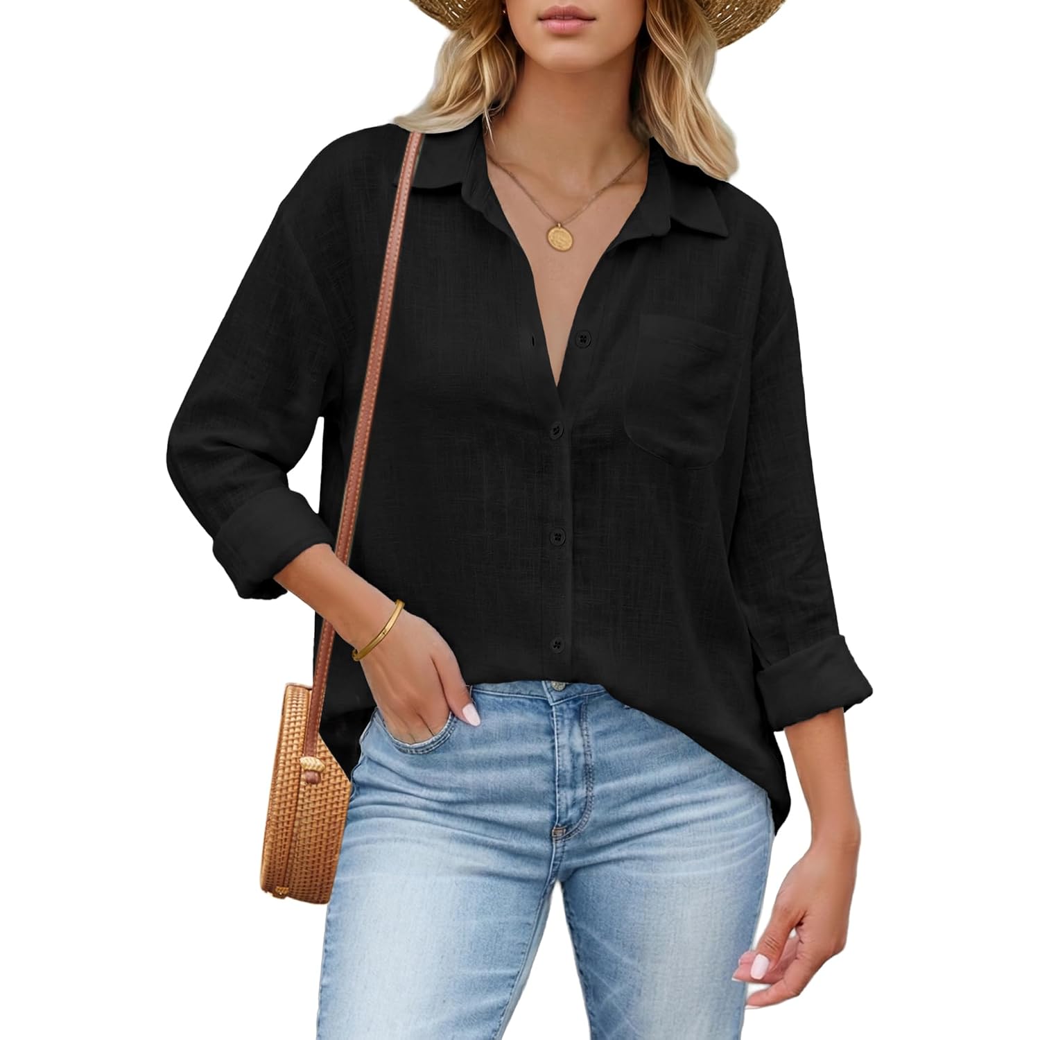 Hotouch Womens Button Down Shirts Linen Cotton Long Sleeve Blouses Casual Collared Loose Fit Gauze Tops With Pocket
