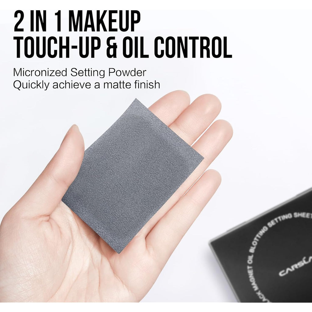 Carslan Makeup Blotting Paper With Powder, Black Magnet Blotting Sheet For Oily & Combination Skin, Portable Compact With Puff & Mirror, Keeps Makeup Fresh All Day, 150 Sheets + 8 Refill Adhesive Pads