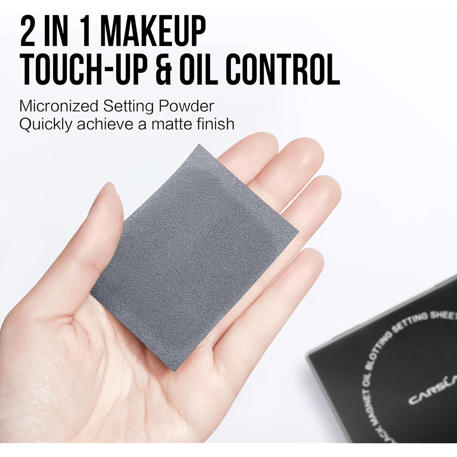 CARSLAN Makeup Blotting Paper with Powder, Black Magnet Blotting Sheet for Oily & Combination Skin, Portable Compact with Puff & Mirror, Keeps Makeup Fresh All Day, 150 Sheets + 8 Refill Adhesive Pads