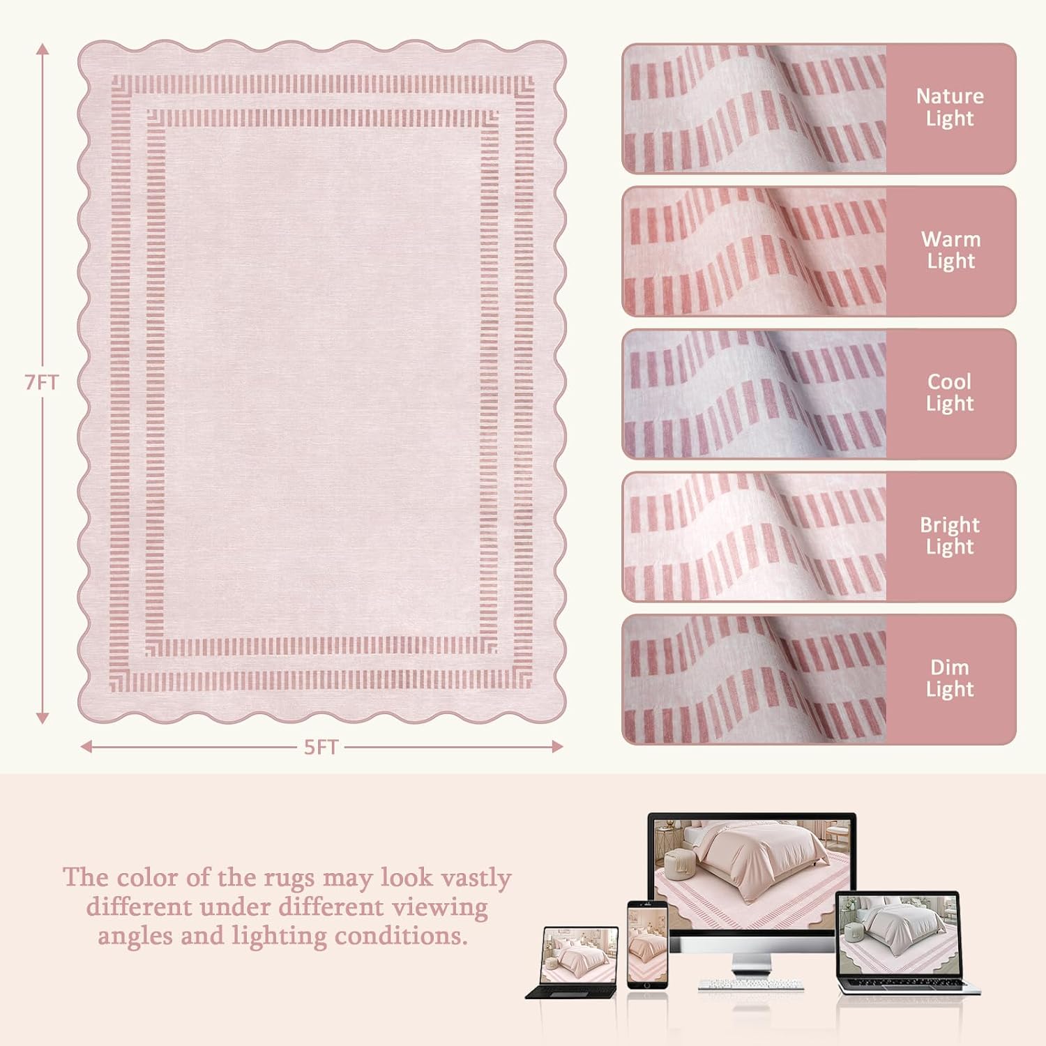 Pink Rugs For Bedroom Girls, 5X7 Washable Non Slip Area Rugs For Living Room, Soft Vintage Ultra-Thin Scalloped Carpet For Nursery Dorm Home Decor