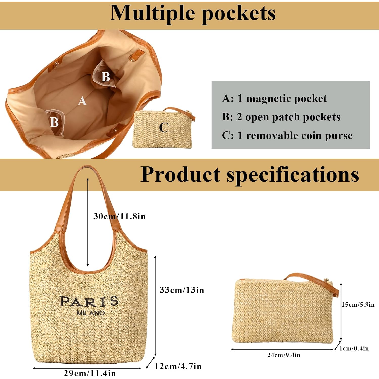 Straw Tote Bags For Women, Summer Straw Purses And Handbags Shoulder Woven Raffia Beach Bag With Coin Purse