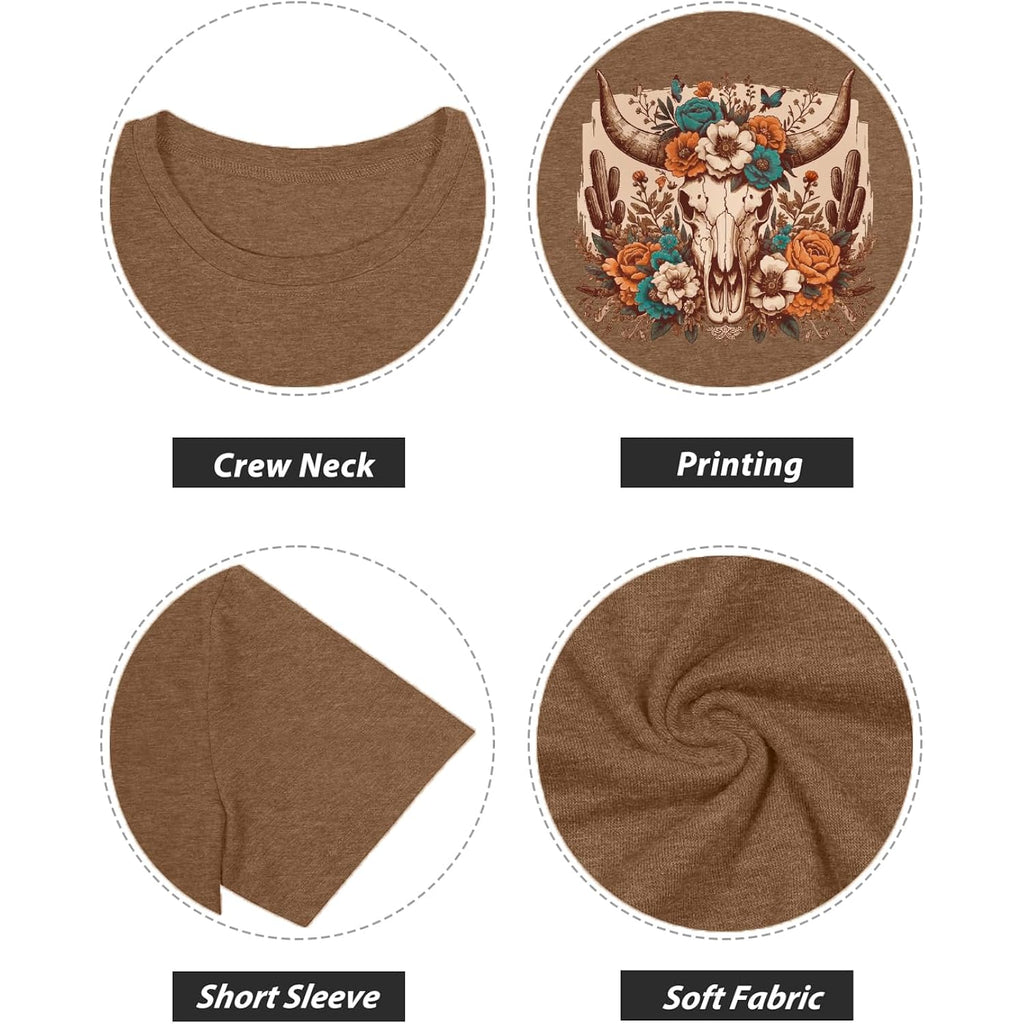 GEMLON Graphic T-Shirts for Women Loose Print Short Sleeve Tops Summer Casual Tees Shirt Brown Cow Skull
