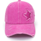 Initlove Ponytail Baseball Cap for Women Star High Messy Bun Caps Washed Cotton Distressed Hats Rose Red