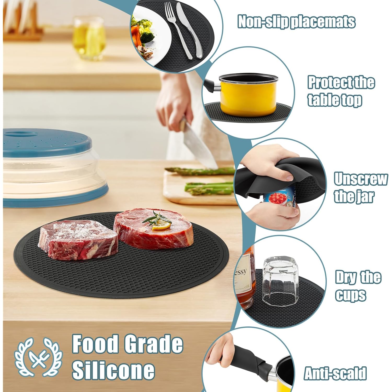 Large Microwave Splatter Cover & Silicone Mat,12 Inchs Vented Collapsible Guard dish Plate lid & Round Kitchen mat for food