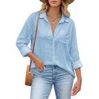 Womens Button Down Shirts Linen Cotton Long Sleeve Blouses Casual Collared Loose Fit Gauze Tops with Pocket