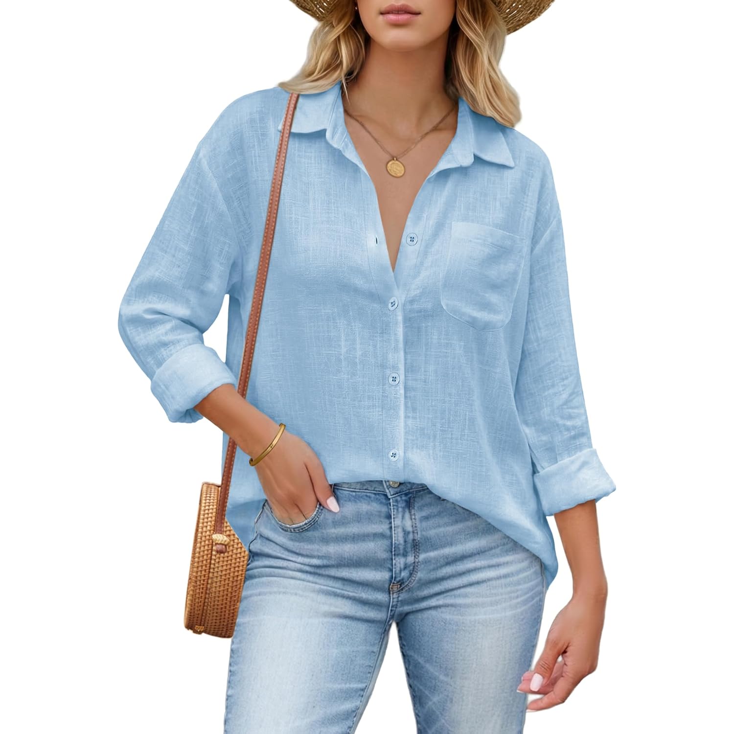 Womens Button Down Shirts Linen Cotton Long Sleeve Blouses Casual Collared Loose Fit Gauze Tops with Pocket